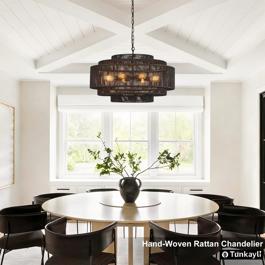 Hand-Woven Rattan Chandelier Large Boho Chandelier Living Room 25.6in Coastal 6-Light Farmhouse Vintage Wicker Bamboo Chandeliers for Bedroom Dining Room Stairway
