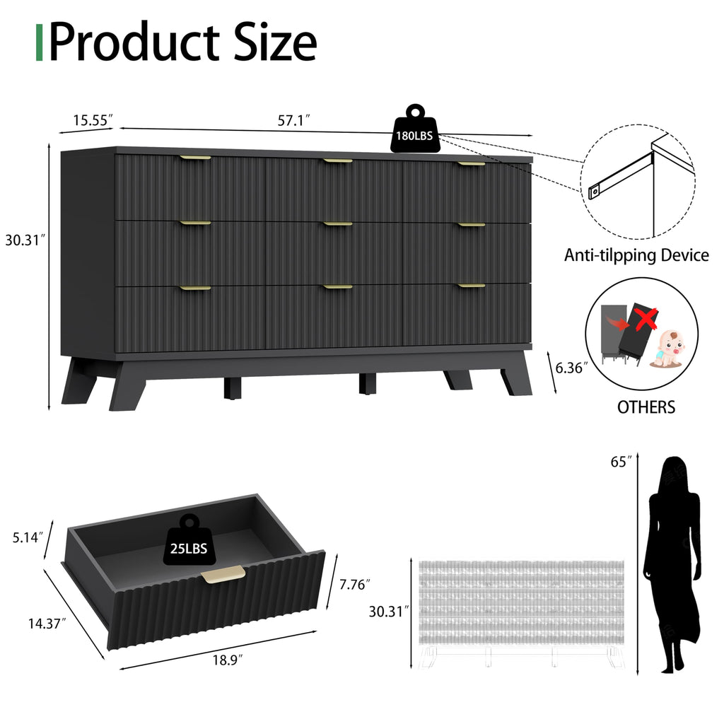 Fluted Dresser for Bedroom with 9 Drawers, 57" Wide Modern Chest of Drawers with Metal Handle, Wooden Dresser TV Stand, Wood Closet Clothes Storage Organizer for Living Room, Hallway, Natural Oak