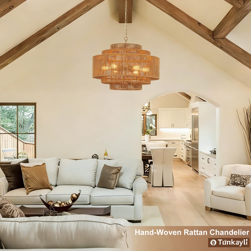 Hand-Woven Rattan Chandelier Large Boho Chandelier Living Room 25.6in Coastal 6-Light Farmhouse Vintage Wicker Bamboo Chandeliers for Bedroom Dining Room Stairway