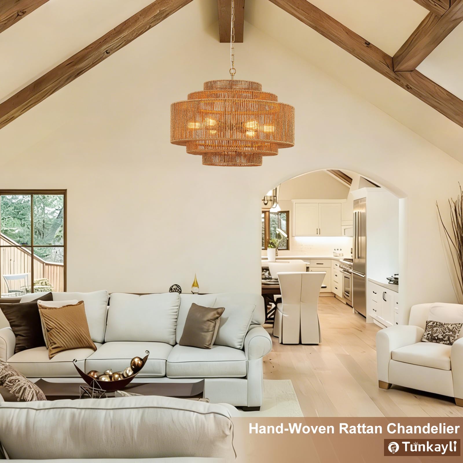 Hand-Woven Rattan Chandelier Large Boho Chandelier Living Room 25.6in Coastal 6-Light Farmhouse Vintage Wicker Bamboo Chandeliers for Bedroom Dining Room Stairway