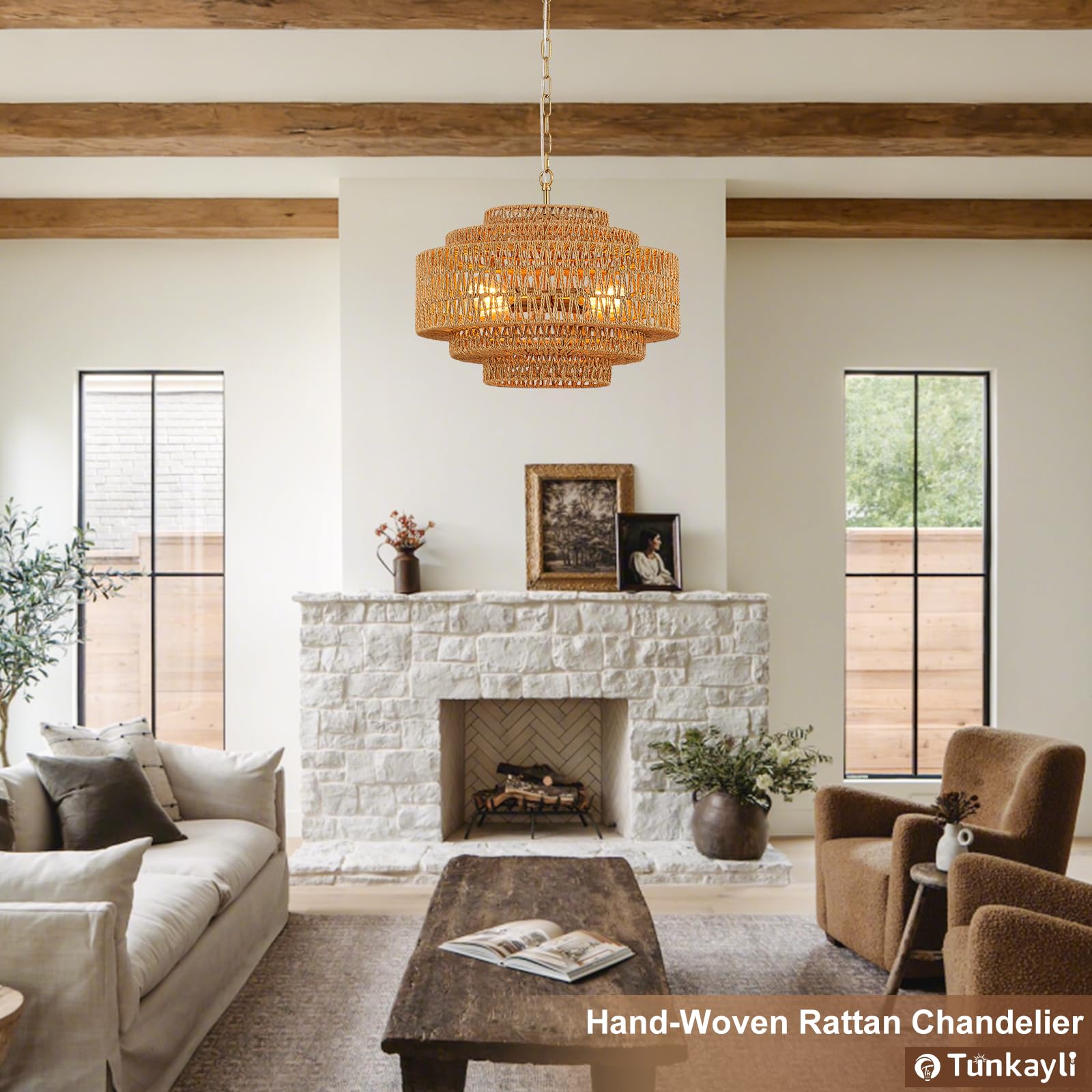 Hand-Woven Rattan Chandelier Large Boho Chandelier Living Room 25.6in Coastal 6-Light Farmhouse Vintage Wicker Bamboo Chandeliers for Bedroom Dining Room Stairway