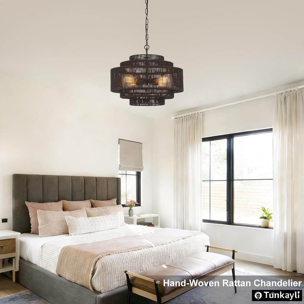 Hand-Woven Rattan Chandelier Large Boho Chandelier Living Room 25.6in Coastal 6-Light Farmhouse Vintage Wicker Bamboo Chandeliers for Bedroom Dining Room Stairway