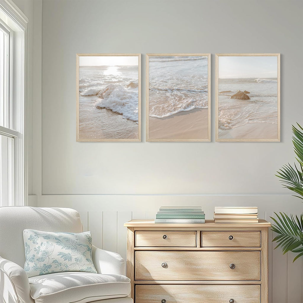 Beach Wall Art Decor Coastal Ocean Poster Palm Tree Canvas Wall Decor Beachy Room Aesthetic Pictures Blue Waves Prints Beach Coasta Artwork for Bedroom Living Room 8x10 Inch Unframed Set of 3