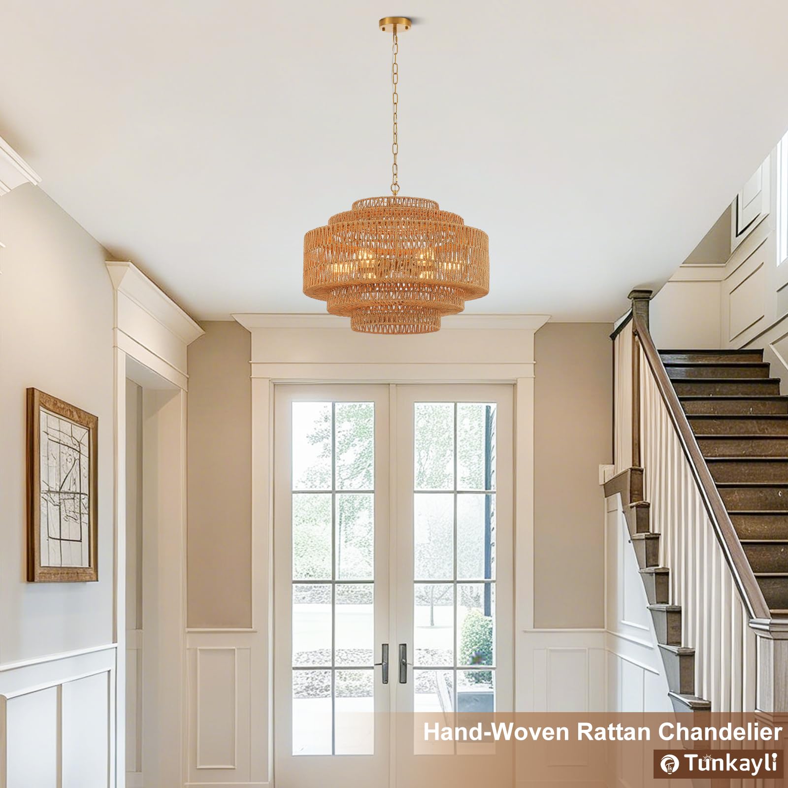 Hand-Woven Rattan Chandelier Large Boho Chandelier Living Room 25.6in Coastal 6-Light Farmhouse Vintage Wicker Bamboo Chandeliers for Bedroom Dining Room Stairway