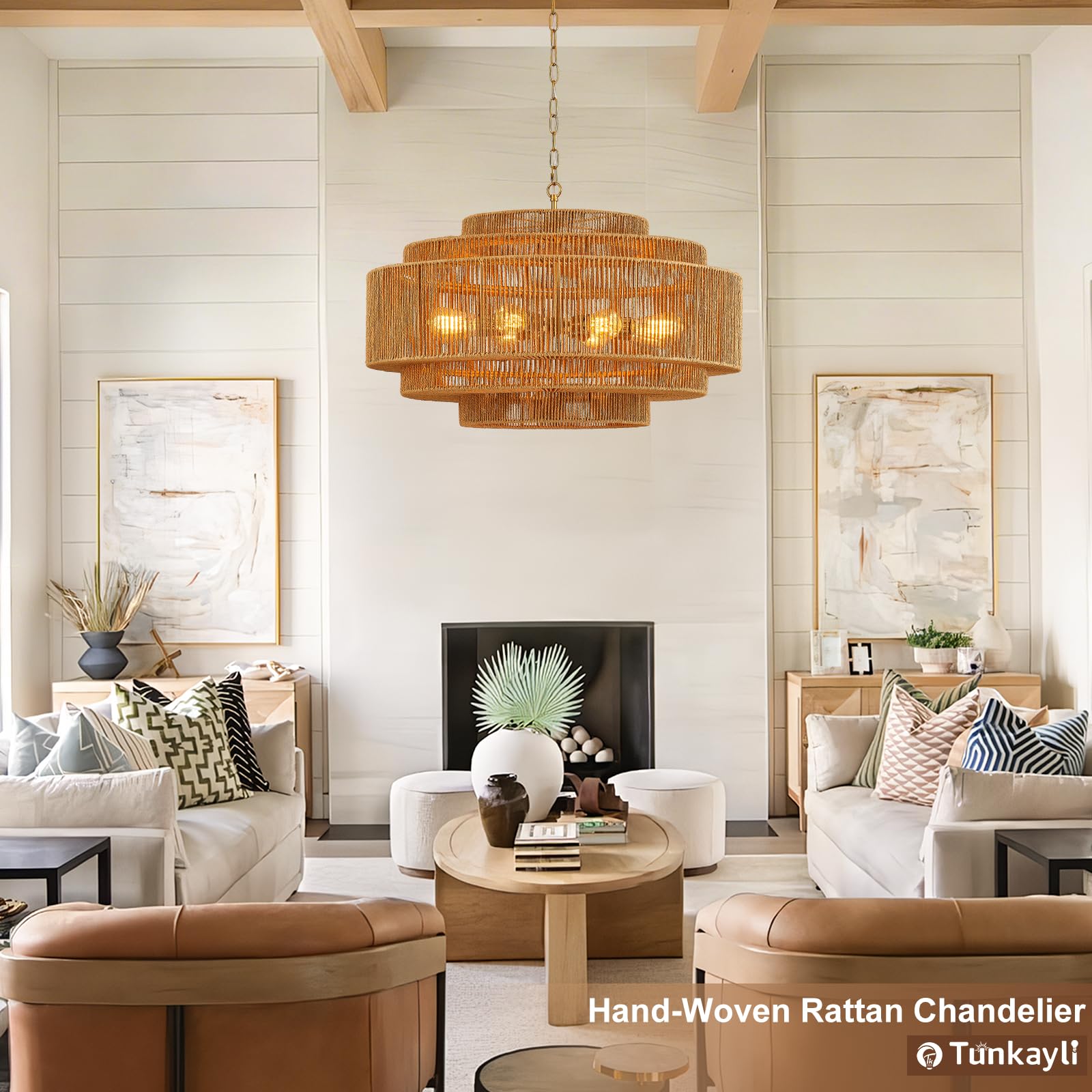 Hand-Woven Rattan Chandelier Large Boho Chandelier Living Room 25.6in Coastal 6-Light Farmhouse Vintage Wicker Bamboo Chandeliers for Bedroom Dining Room Stairway