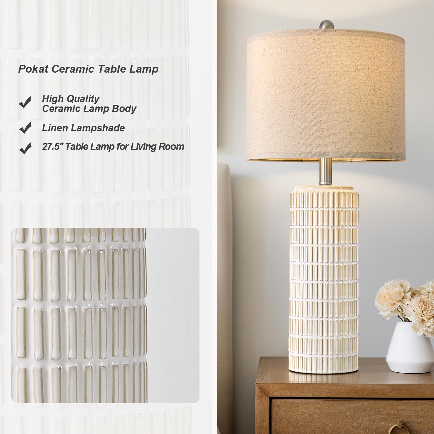 PoKat 23" Modern Ceramic Table Lamp Set of 2 for Living Room White Desk Lamps for Bedroom Farmhouse Bedside Nightstand Lamp House Warming Gifts New Home Decor End Table Lamps Gifts for Women Mom Beige