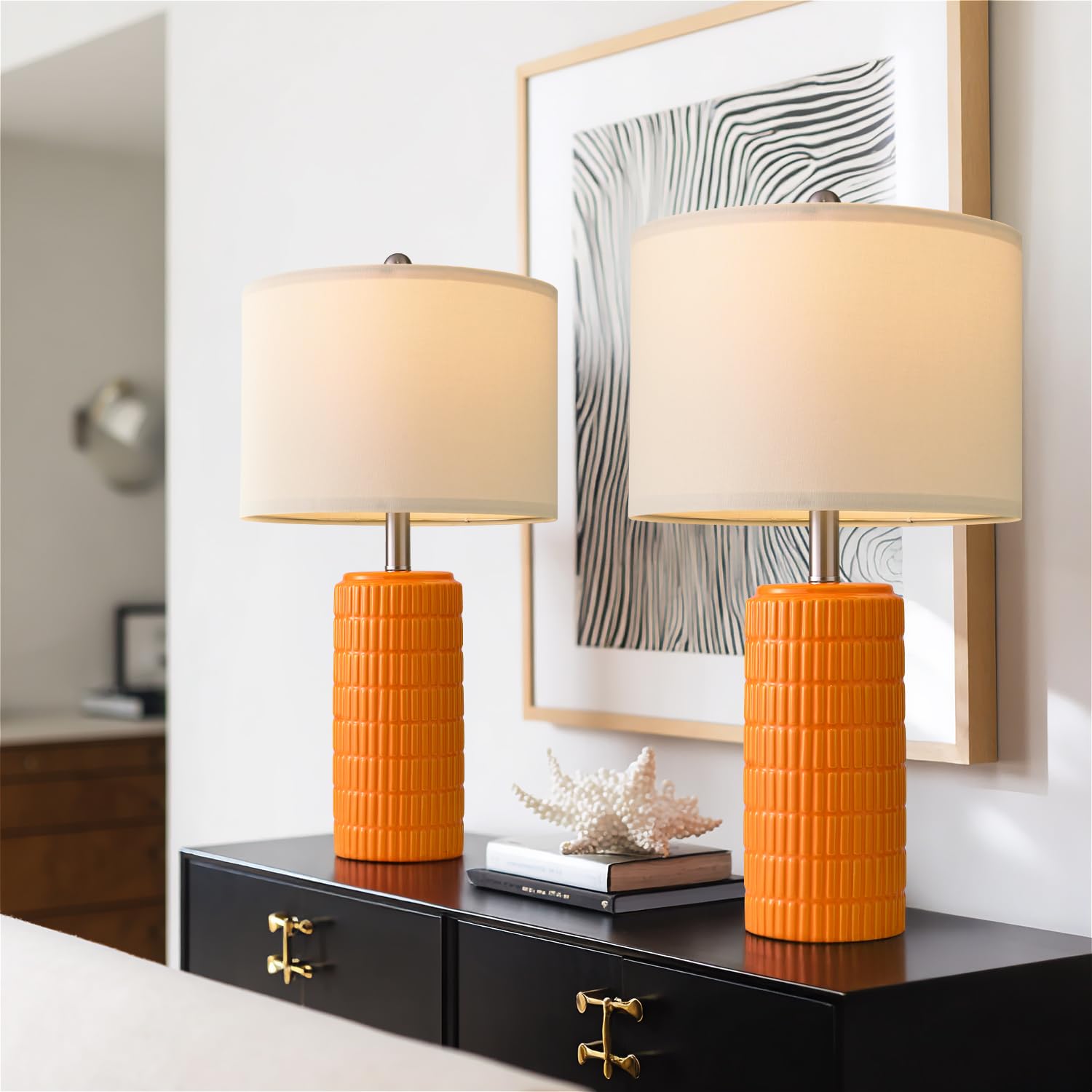 PoKat 23" Modern Ceramic Table Lamp Set of 2 for Living Room White Desk Lamps for Bedroom Farmhouse Bedside Nightstand Lamp House Warming Gifts New Home Decor End Table Lamps Gifts for Women Mom Beige