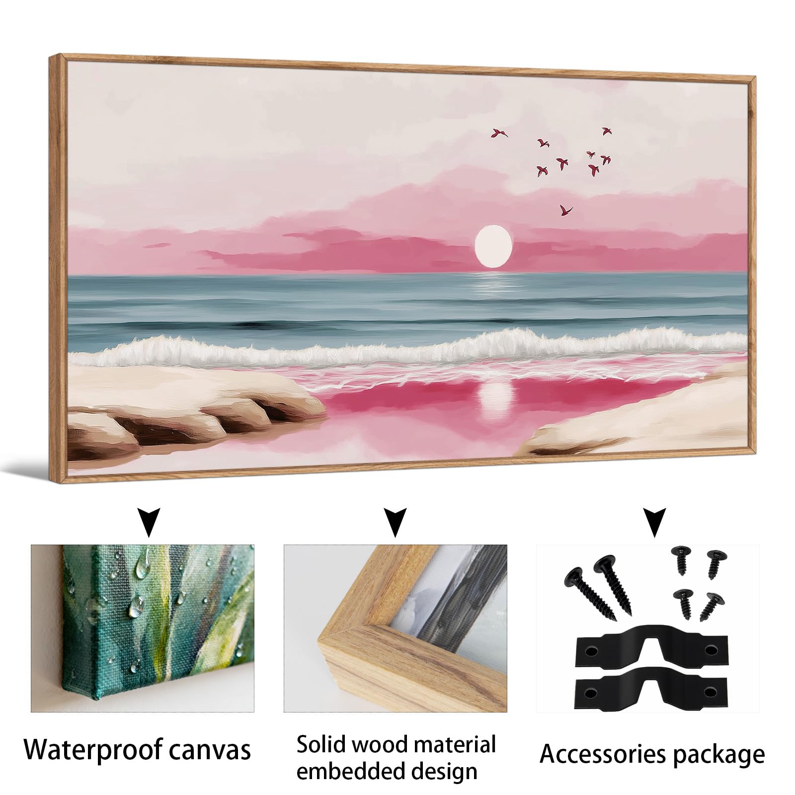 TIHUSAGO Framed Beach Wall Art Large Ocean Canvas Print for Living Room Bedroom Office Modern Coastal Wall Decor Artwork Decoration (24x48 inches)