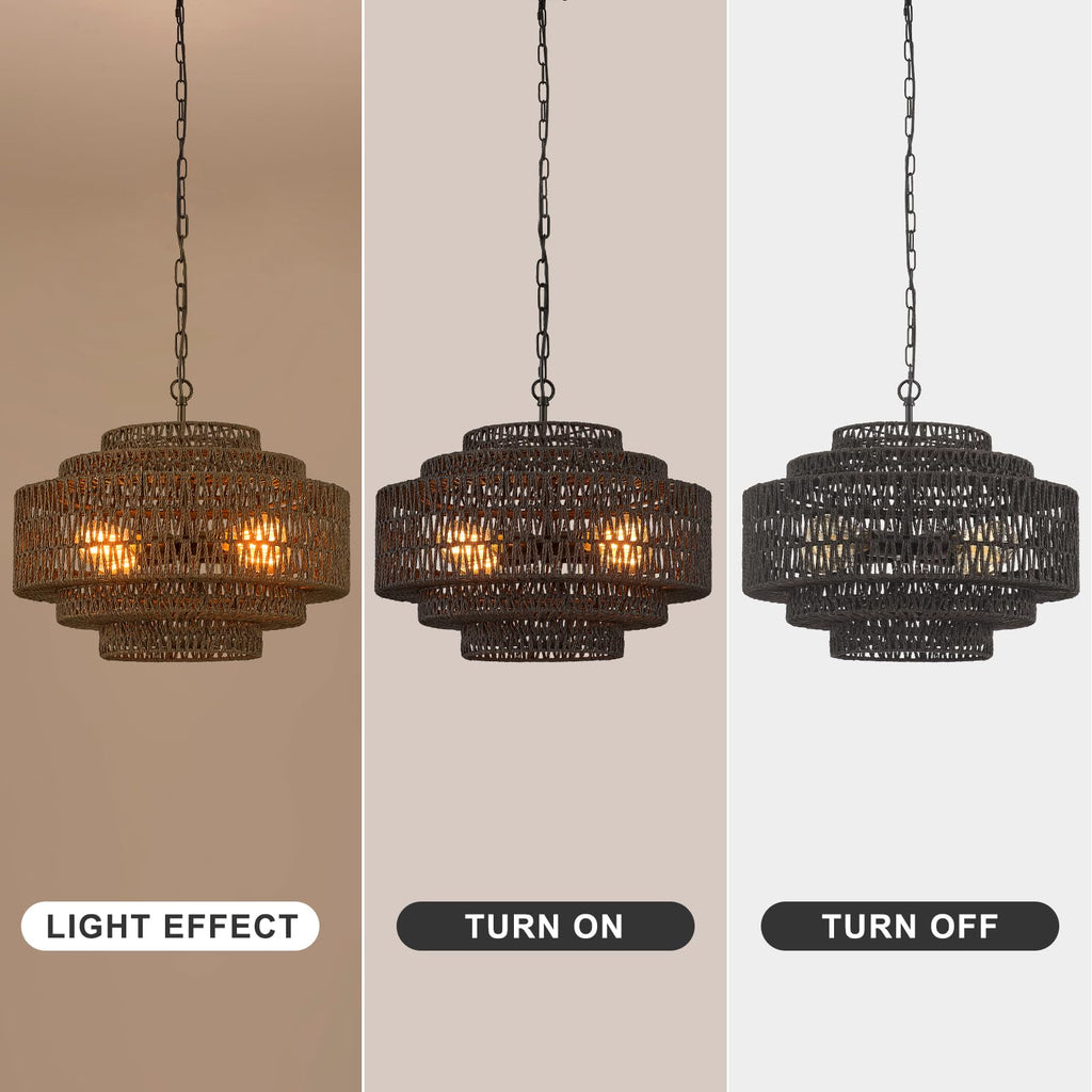 Hand-Woven Rattan Chandelier Large Boho Chandelier Living Room 25.6in Coastal 6-Light Farmhouse Vintage Wicker Bamboo Chandeliers for Bedroom Dining Room Stairway