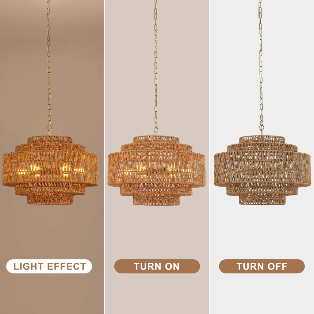Hand-Woven Rattan Chandelier Large Boho Chandelier Living Room 25.6in Coastal 6-Light Farmhouse Vintage Wicker Bamboo Chandeliers for Bedroom Dining Room Stairway