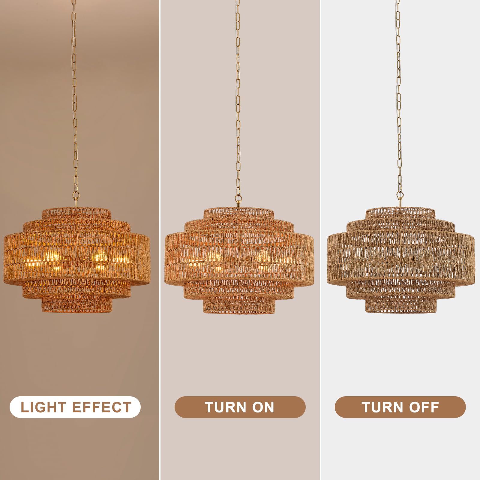Hand-Woven Rattan Chandelier Large Boho Chandelier Living Room 25.6in Coastal 6-Light Farmhouse Vintage Wicker Bamboo Chandeliers for Bedroom Dining Room Stairway
