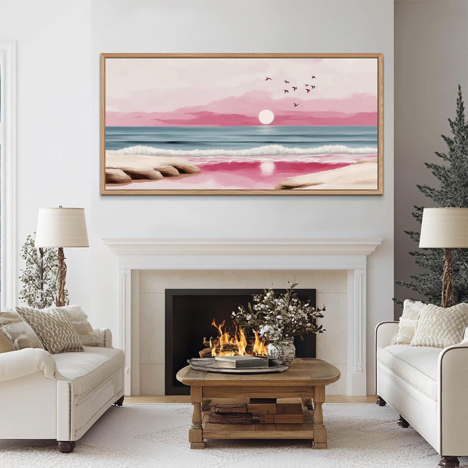 TIHUSAGO Framed Beach Wall Art Large Ocean Canvas Print for Living Room Bedroom Office Modern Coastal Wall Decor Artwork Decoration (24x48 inches)