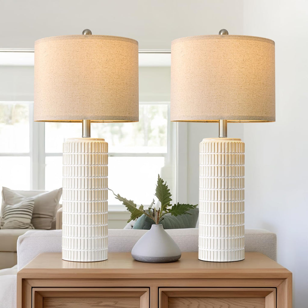 PoKat 23" Modern Ceramic Table Lamp Set of 2 for Living Room White Desk Lamps for Bedroom Farmhouse Bedside Nightstand Lamp House Warming Gifts New Home Decor End Table Lamps Gifts for Women Mom Beige