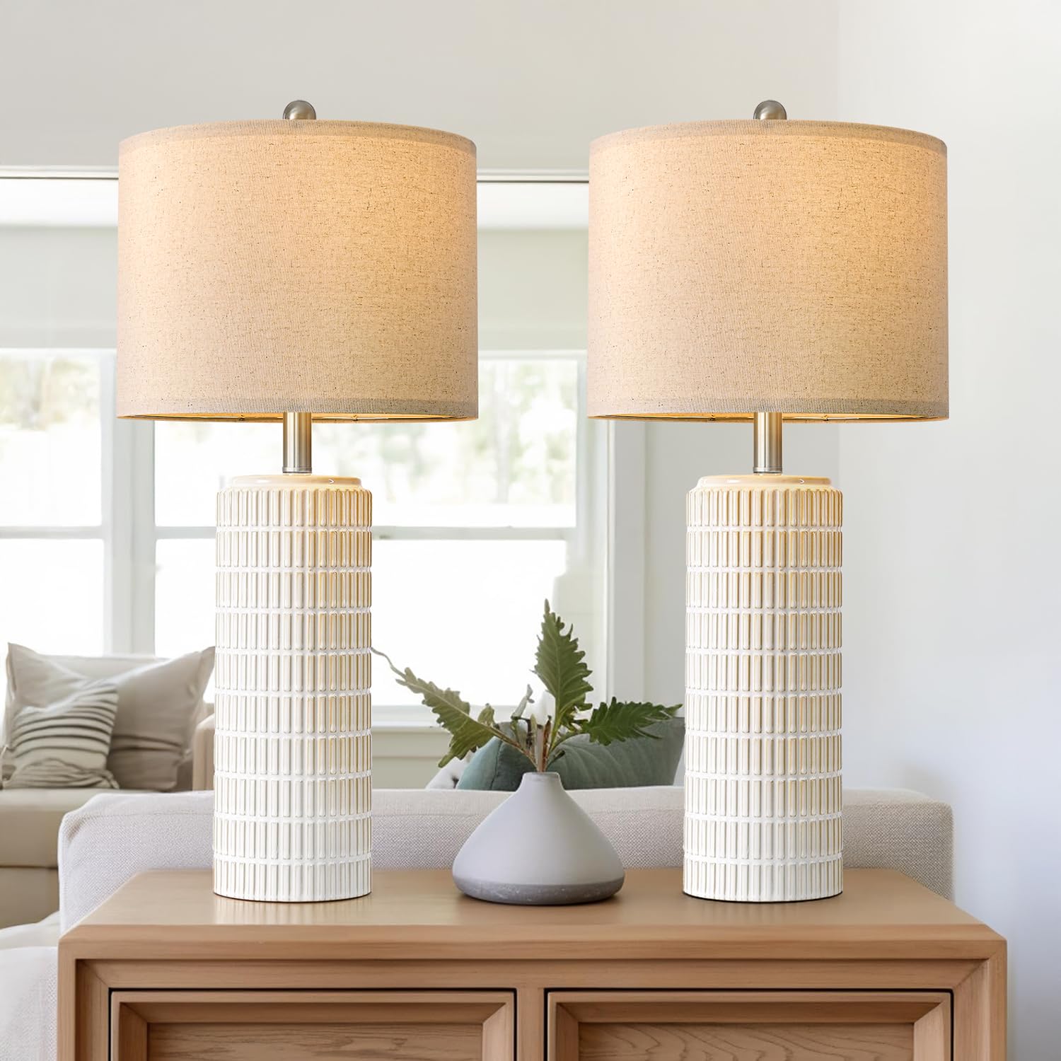 PoKat 23" Modern Ceramic Table Lamp Set of 2 for Living Room White Desk Lamps for Bedroom Farmhouse Bedside Nightstand Lamp House Warming Gifts New Home Decor End Table Lamps Gifts for Women Mom Beige