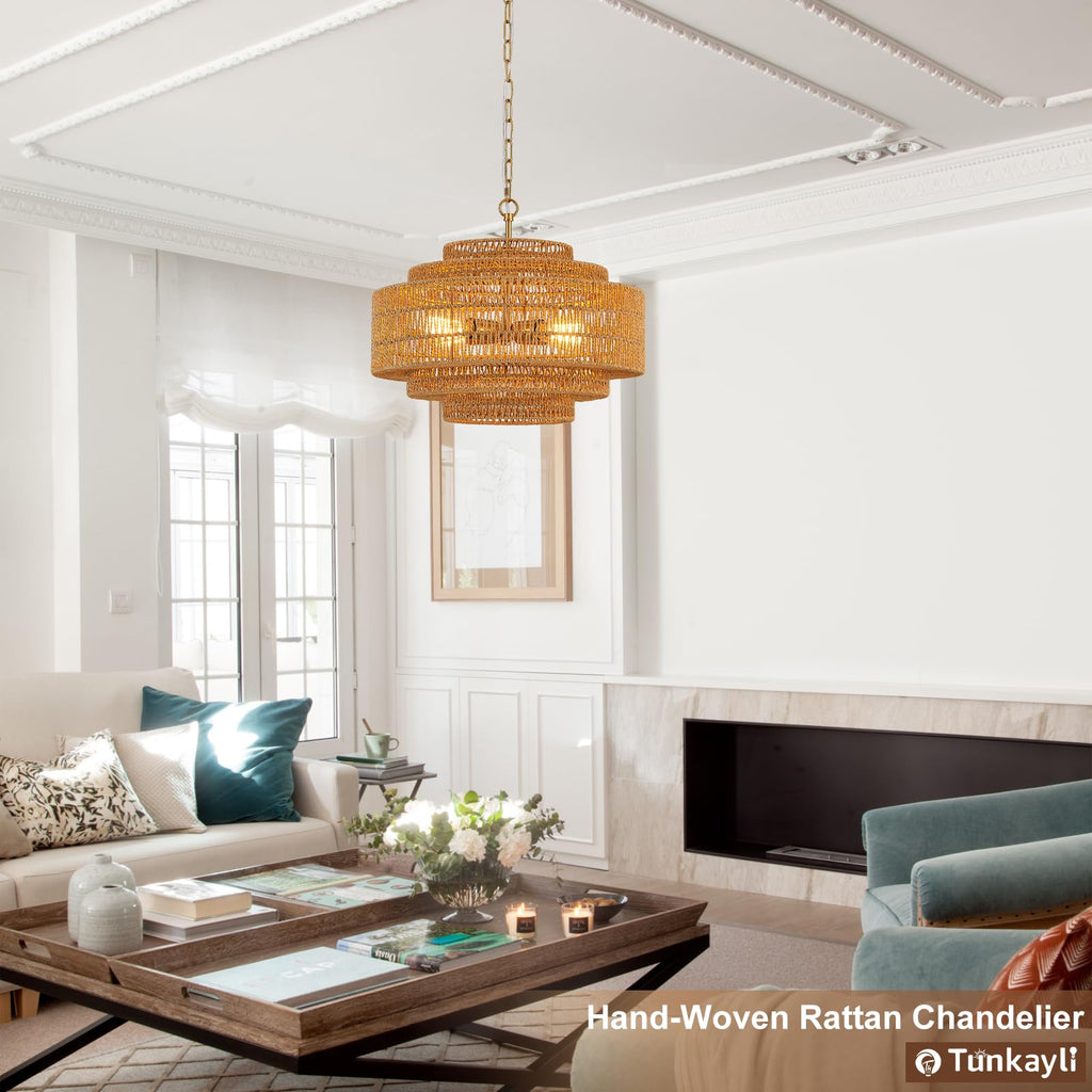 Hand-Woven Rattan Chandelier Large Boho Chandelier Living Room 25.6in Coastal 6-Light Farmhouse Vintage Wicker Bamboo Chandeliers for Bedroom Dining Room Stairway