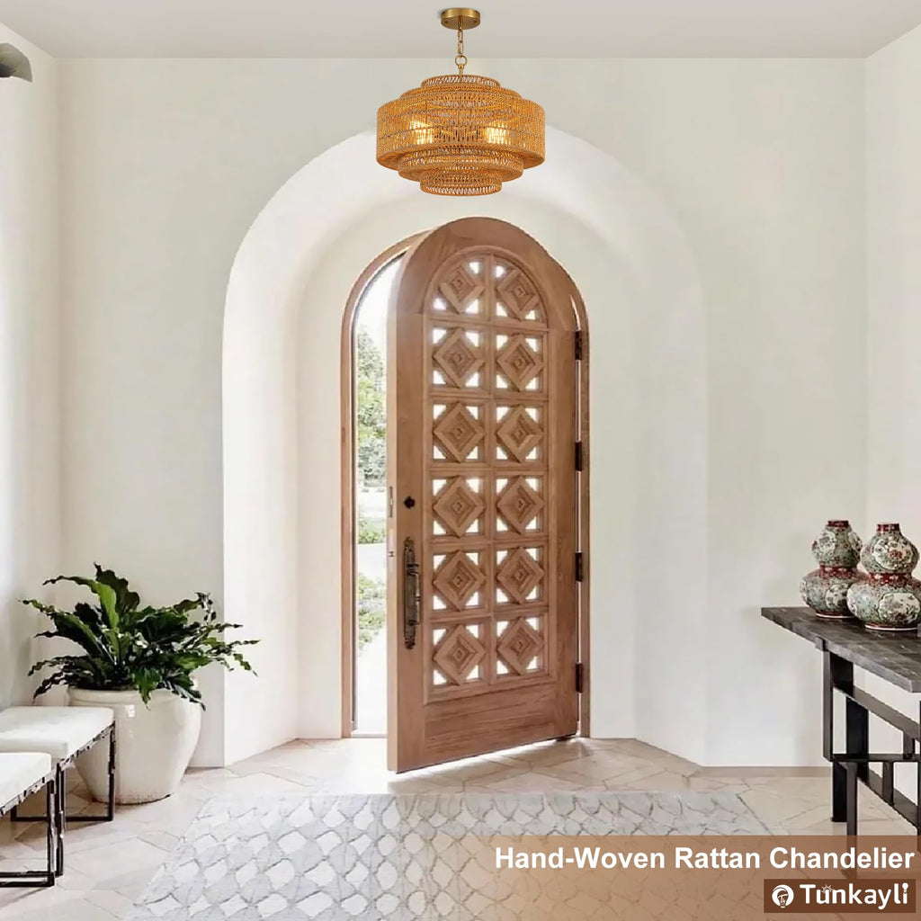 Hand-Woven Rattan Chandelier Large Boho Chandelier Living Room 25.6in Coastal 6-Light Farmhouse Vintage Wicker Bamboo Chandeliers for Bedroom Dining Room Stairway