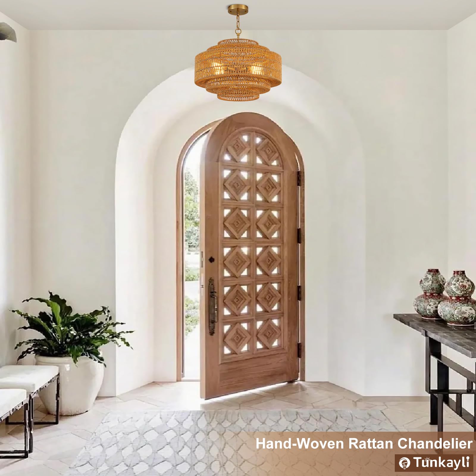 Hand-Woven Rattan Chandelier Large Boho Chandelier Living Room 25.6in Coastal 6-Light Farmhouse Vintage Wicker Bamboo Chandeliers for Bedroom Dining Room Stairway