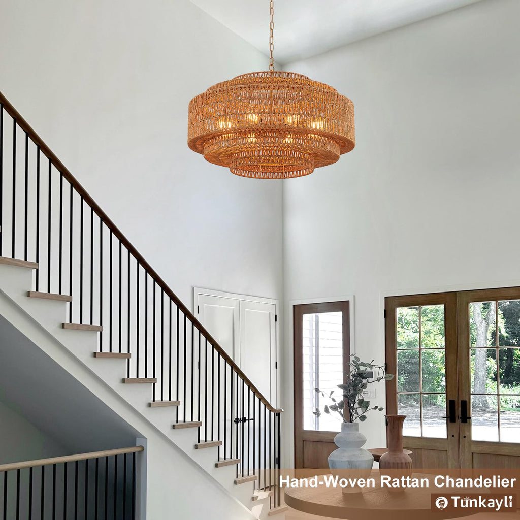 Hand-Woven Rattan Chandelier Large Boho Chandelier Living Room 25.6in Coastal 6-Light Farmhouse Vintage Wicker Bamboo Chandeliers for Bedroom Dining Room Stairway