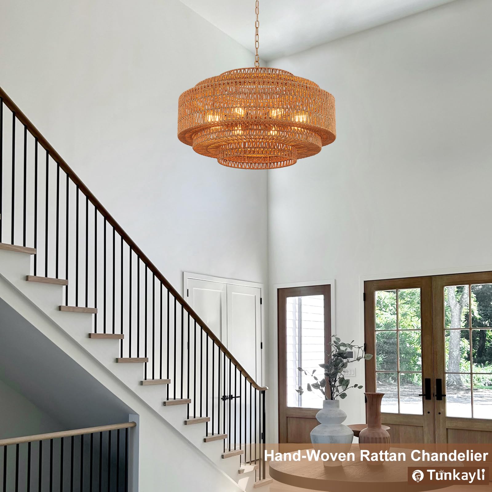 Hand-Woven Rattan Chandelier Large Boho Chandelier Living Room 25.6in Coastal 6-Light Farmhouse Vintage Wicker Bamboo Chandeliers for Bedroom Dining Room Stairway