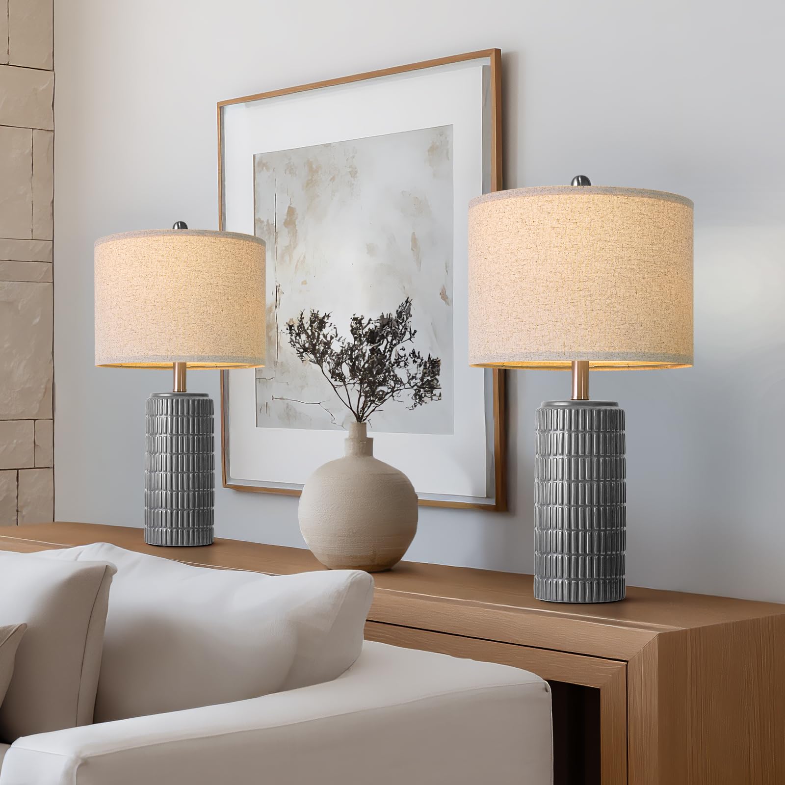 PoKat 23" Modern Ceramic Table Lamp Set of 2 for Living Room White Desk Lamps for Bedroom Farmhouse Bedside Nightstand Lamp House Warming Gifts New Home Decor End Table Lamps Gifts for Women Mom Beige
