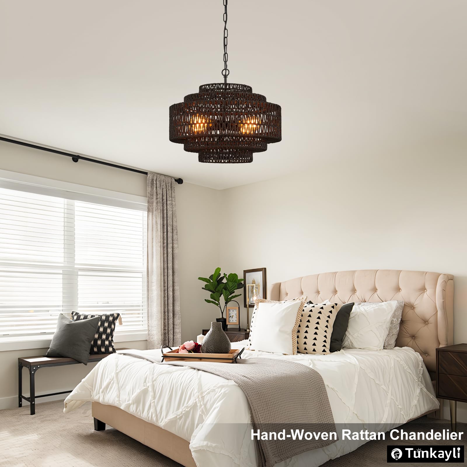 Hand-Woven Rattan Chandelier Large Boho Chandelier Living Room 25.6in Coastal 6-Light Farmhouse Vintage Wicker Bamboo Chandeliers for Bedroom Dining Room Stairway