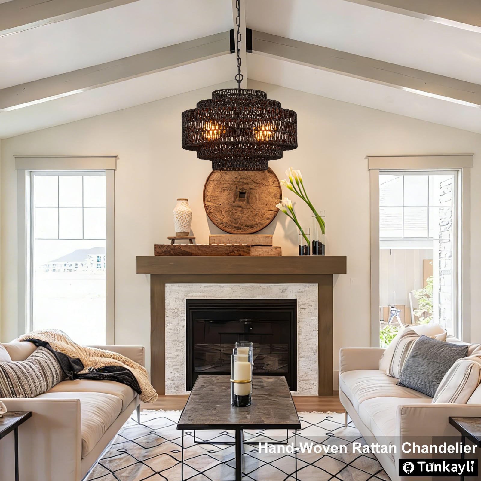 Hand-Woven Rattan Chandelier Large Boho Chandelier Living Room 25.6in Coastal 6-Light Farmhouse Vintage Wicker Bamboo Chandeliers for Bedroom Dining Room Stairway