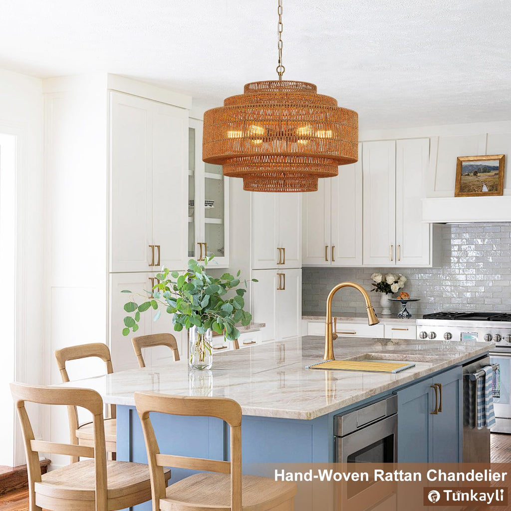 Hand-Woven Rattan Chandelier Large Boho Chandelier Living Room 25.6in Coastal 6-Light Farmhouse Vintage Wicker Bamboo Chandeliers for Bedroom Dining Room Stairway