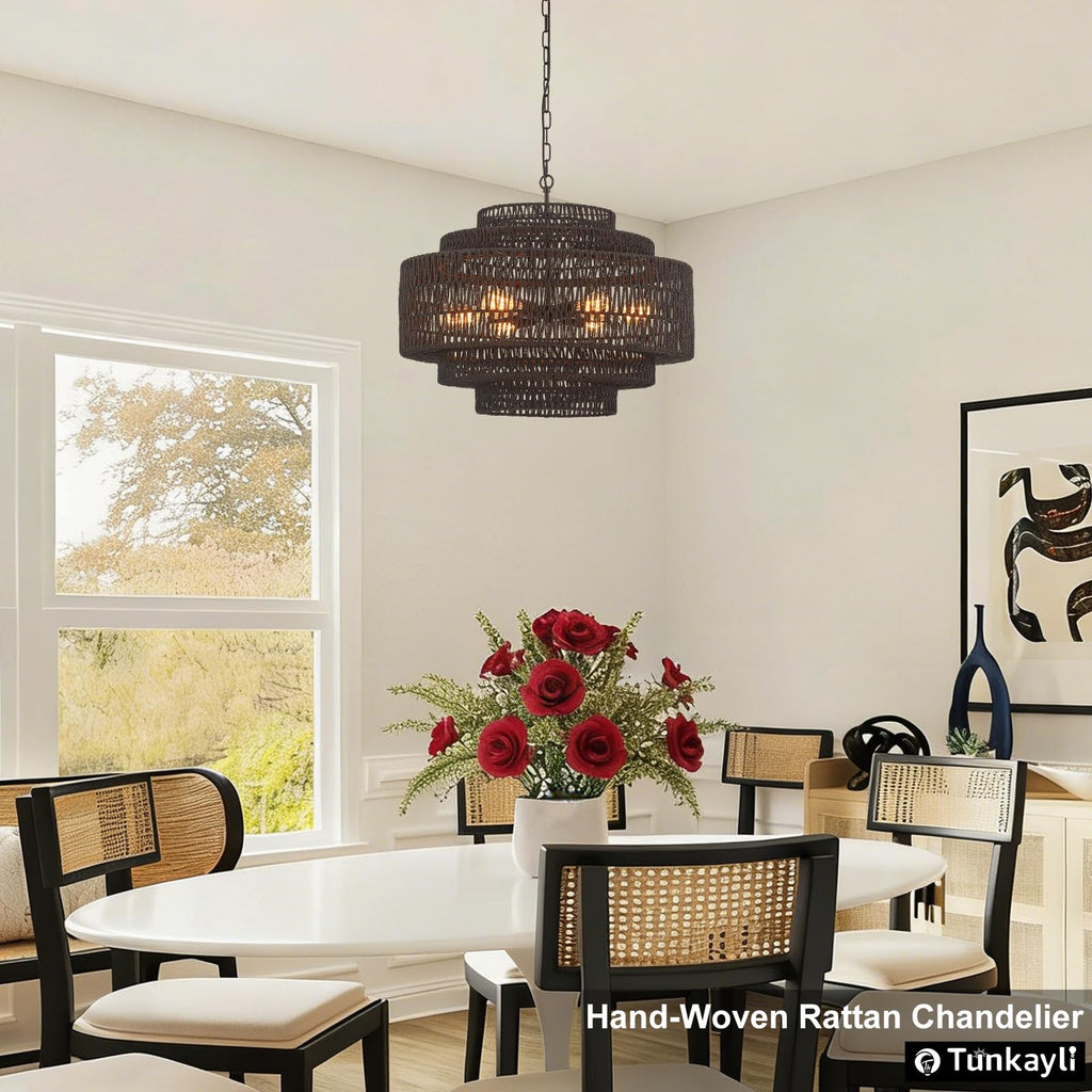 Hand-Woven Rattan Chandelier Large Boho Chandelier Living Room 25.6in Coastal 6-Light Farmhouse Vintage Wicker Bamboo Chandeliers for Bedroom Dining Room Stairway