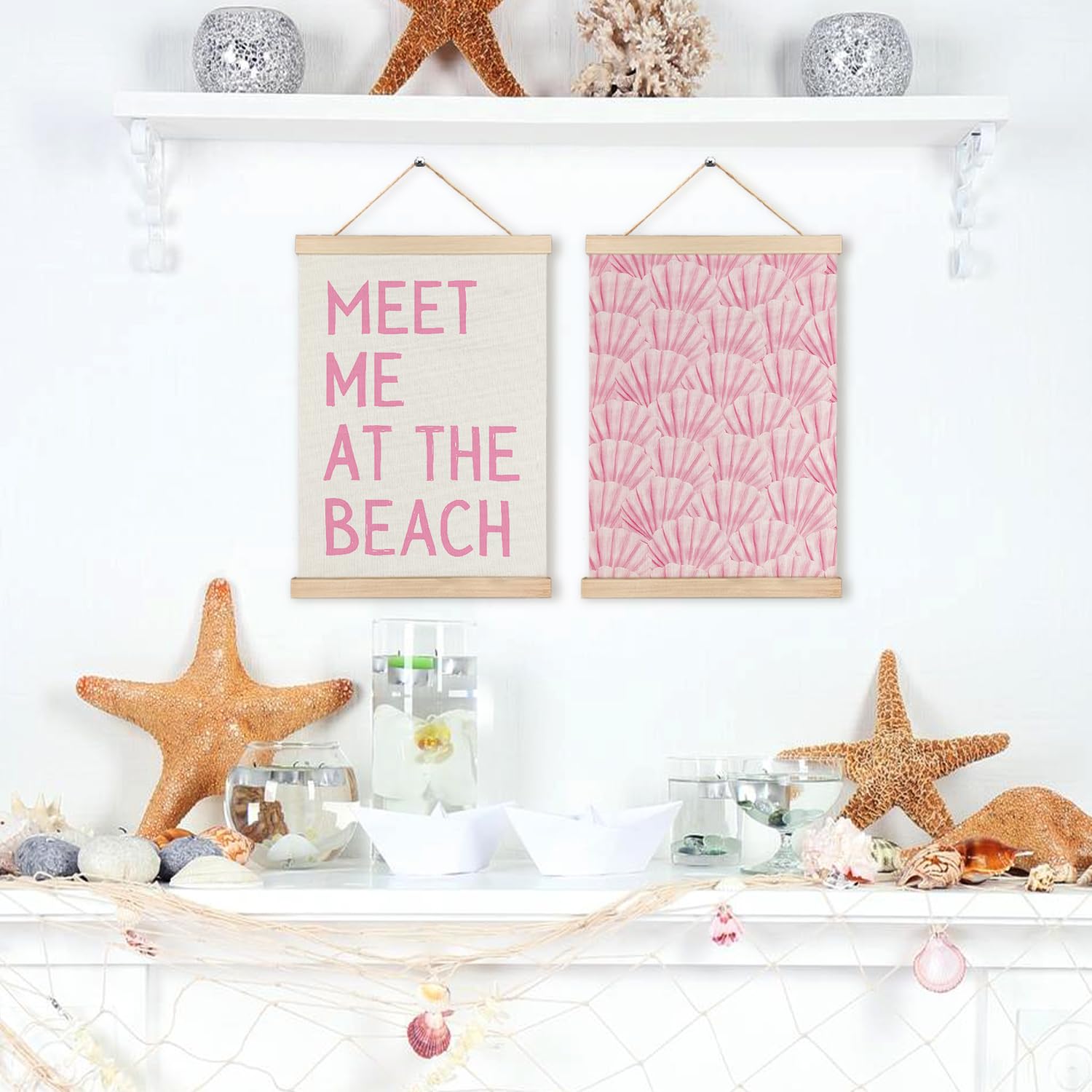 RYYCDOI Coastal Cowgirl Beach Room Decor Set of 2, Aesthetic Seashell Wall Decor, Blue Beach Decor for Teen Girls Room, 12x16 Inches