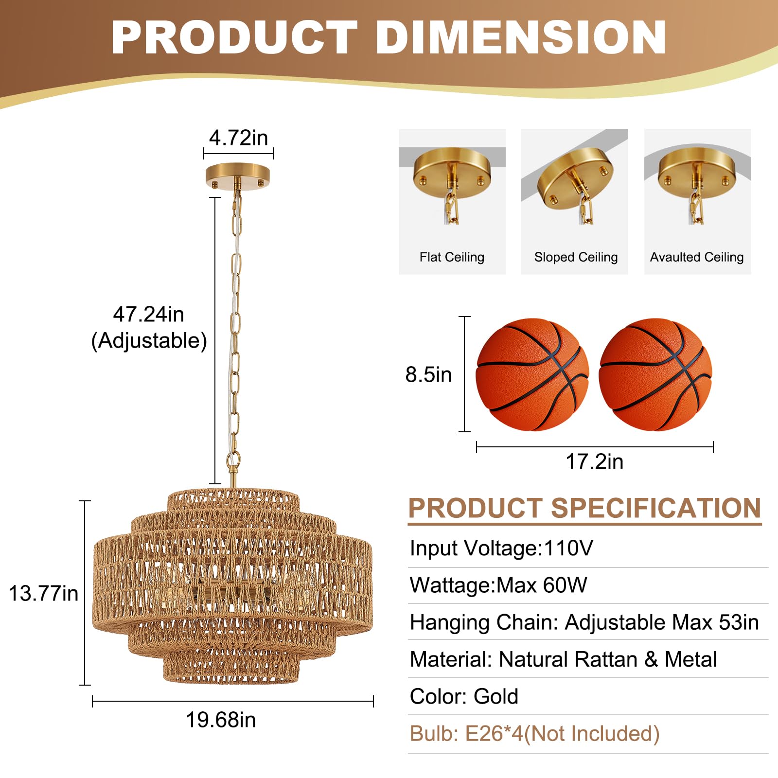 Hand-Woven Rattan Chandelier Large Boho Chandelier Living Room 25.6in Coastal 6-Light Farmhouse Vintage Wicker Bamboo Chandeliers for Bedroom Dining Room Stairway
