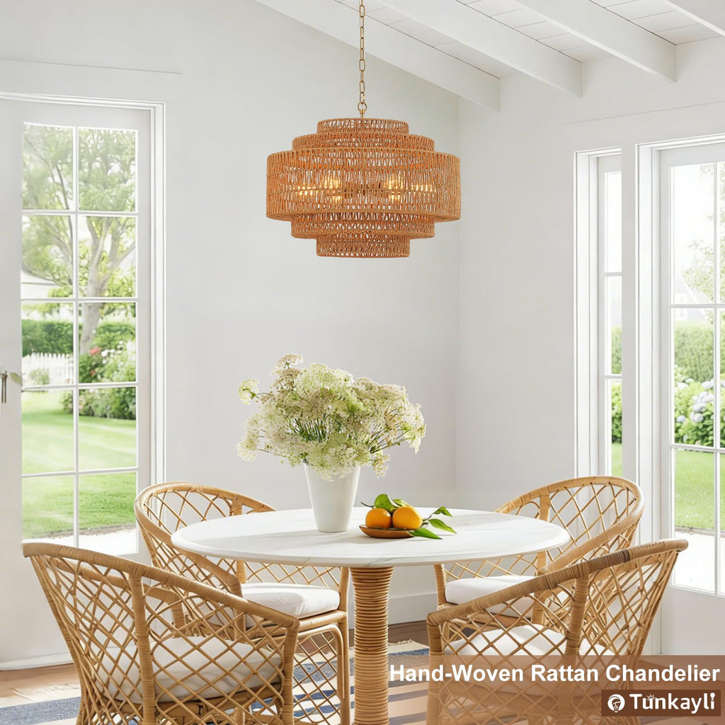 Hand-Woven Rattan Chandelier Large Boho Chandelier Living Room 25.6in Coastal 6-Light Farmhouse Vintage Wicker Bamboo Chandeliers for Bedroom Dining Room Stairway