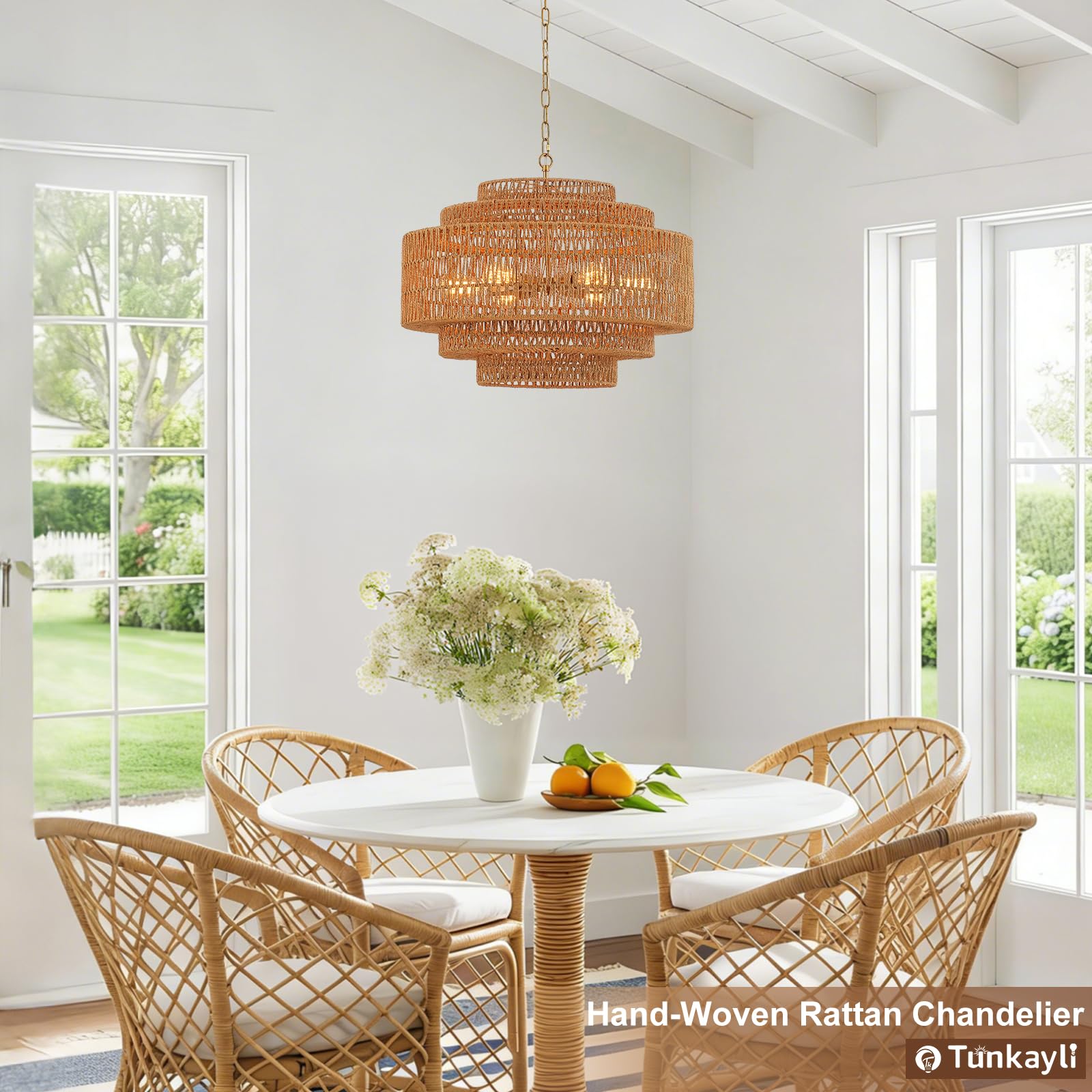 Hand-Woven Rattan Chandelier Large Boho Chandelier Living Room 25.6in Coastal 6-Light Farmhouse Vintage Wicker Bamboo Chandeliers for Bedroom Dining Room Stairway