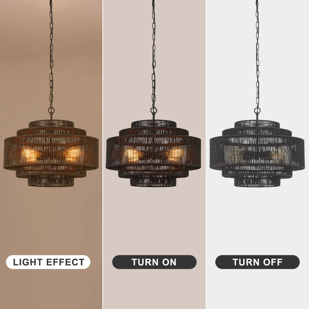 Hand-Woven Rattan Chandelier Large Boho Chandelier Living Room 25.6in Coastal 6-Light Farmhouse Vintage Wicker Bamboo Chandeliers for Bedroom Dining Room Stairway