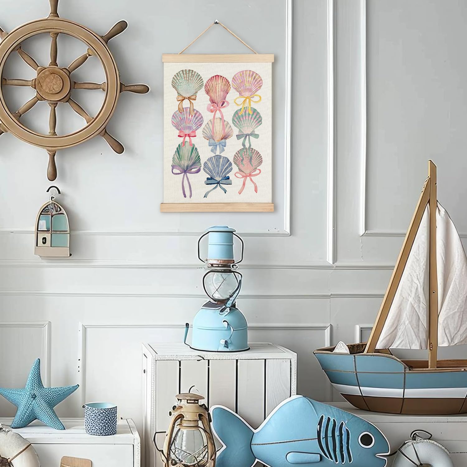 RYYCDOI Coastal Cowgirl Beach Room Decor Set of 2, Aesthetic Seashell Wall Decor, Blue Beach Decor for Teen Girls Room, 12x16 Inches