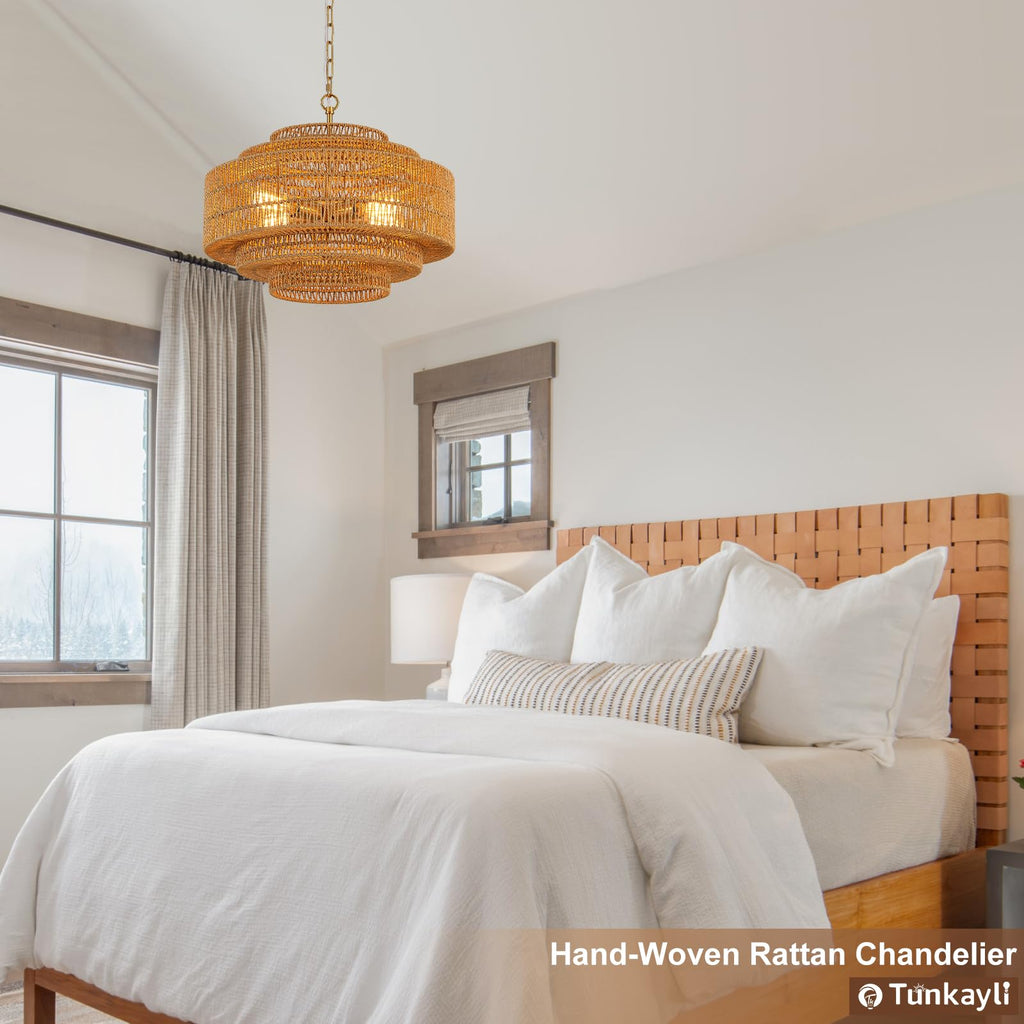 Hand-Woven Rattan Chandelier Large Boho Chandelier Living Room 25.6in Coastal 6-Light Farmhouse Vintage Wicker Bamboo Chandeliers for Bedroom Dining Room Stairway