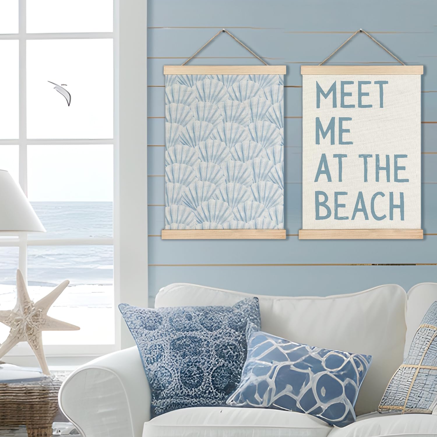 RYYCDOI Coastal Cowgirl Beach Room Decor Set of 2, Aesthetic Seashell Wall Decor, Blue Beach Decor for Teen Girls Room, 12x16 Inches