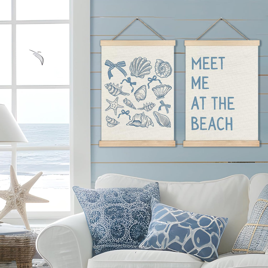 RYYCDOI Coastal Cowgirl Beach Room Decor Set of 2, Aesthetic Seashell Wall Decor, Blue Beach Decor for Teen Girls Room, 12x16 Inches