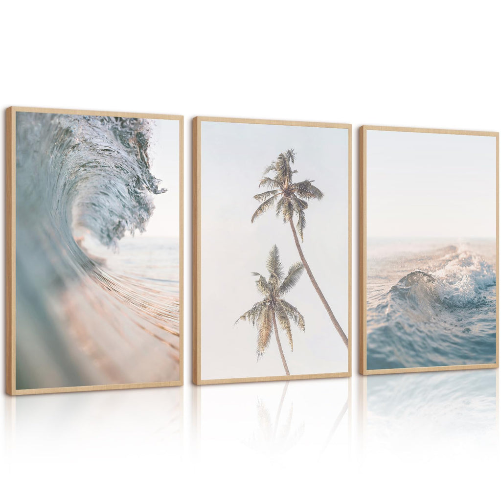 Beach Wall Art Decor Coastal Ocean Poster Palm Tree Canvas Wall Decor Beachy Room Aesthetic Pictures Blue Waves Prints Beach Coasta Artwork for Bedroom Living Room 8x10 Inch Unframed Set of 3