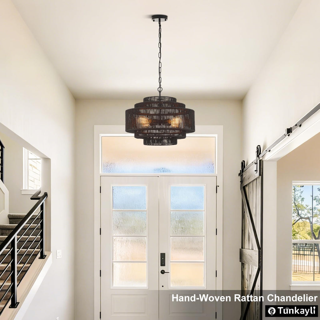 Hand-Woven Rattan Chandelier Large Boho Chandelier Living Room 25.6in Coastal 6-Light Farmhouse Vintage Wicker Bamboo Chandeliers for Bedroom Dining Room Stairway