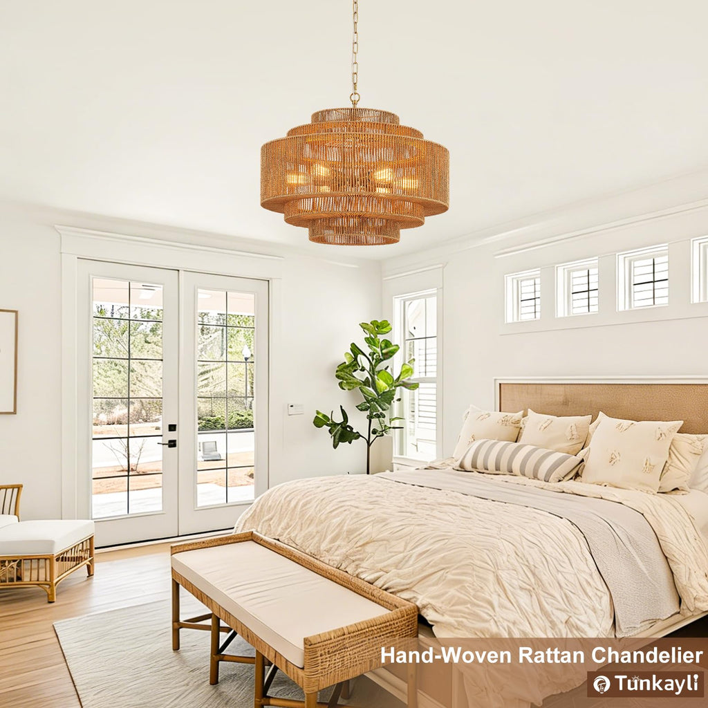 Hand-Woven Rattan Chandelier Large Boho Chandelier Living Room 25.6in Coastal 6-Light Farmhouse Vintage Wicker Bamboo Chandeliers for Bedroom Dining Room Stairway