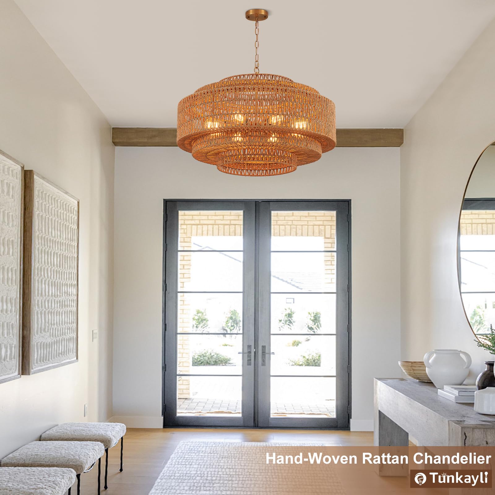 Hand-Woven Rattan Chandelier Large Boho Chandelier Living Room 25.6in Coastal 6-Light Farmhouse Vintage Wicker Bamboo Chandeliers for Bedroom Dining Room Stairway