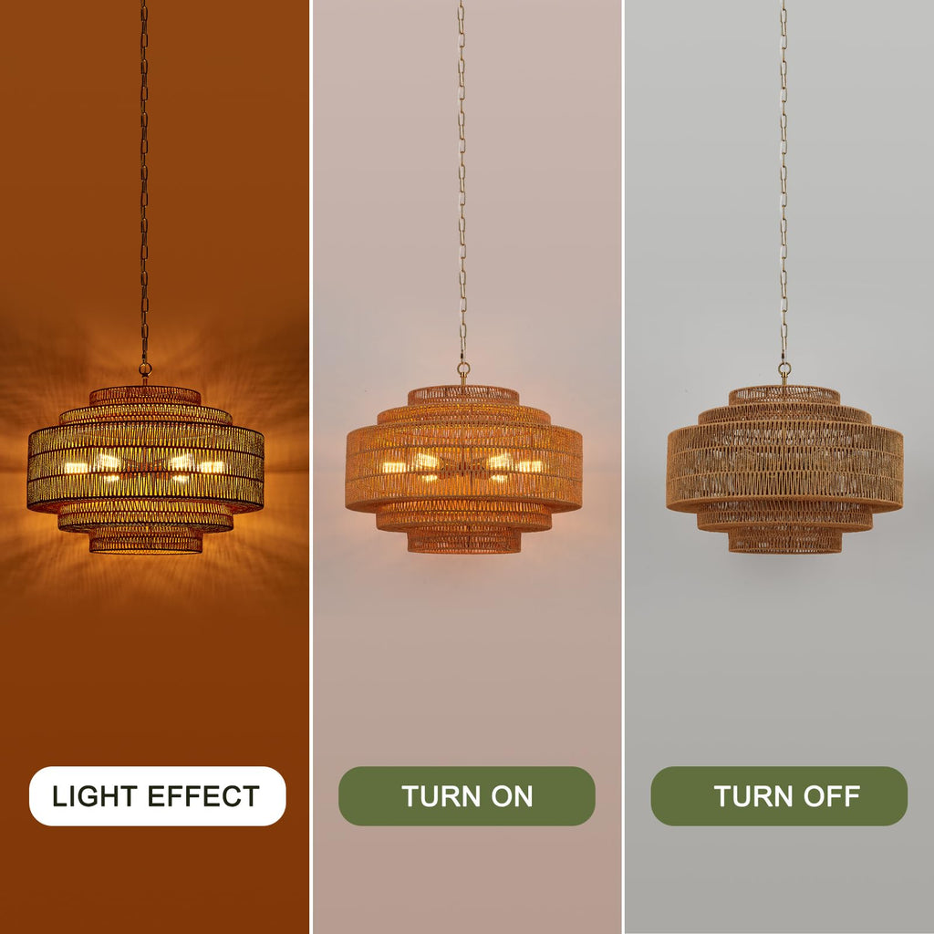 Hand-Woven Rattan Chandelier Large Boho Chandelier Living Room 25.6in Coastal 6-Light Farmhouse Vintage Wicker Bamboo Chandeliers for Bedroom Dining Room Stairway