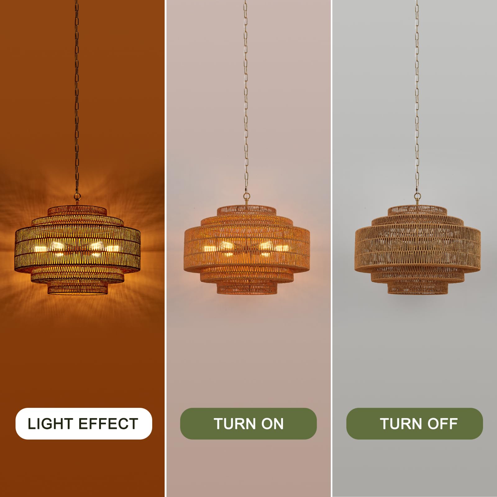 Hand-Woven Rattan Chandelier Large Boho Chandelier Living Room 25.6in Coastal 6-Light Farmhouse Vintage Wicker Bamboo Chandeliers for Bedroom Dining Room Stairway