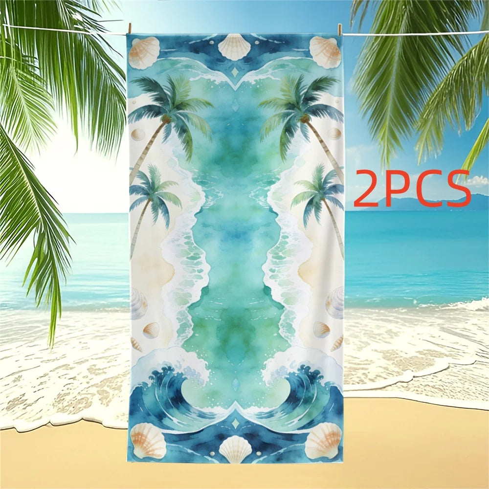Tropical Beach Towel Palm Tree Ocean Wave Seashell Print Quick Dry Microfiber for Pool Travel Bathroom Decor 28 x 55 Inch
