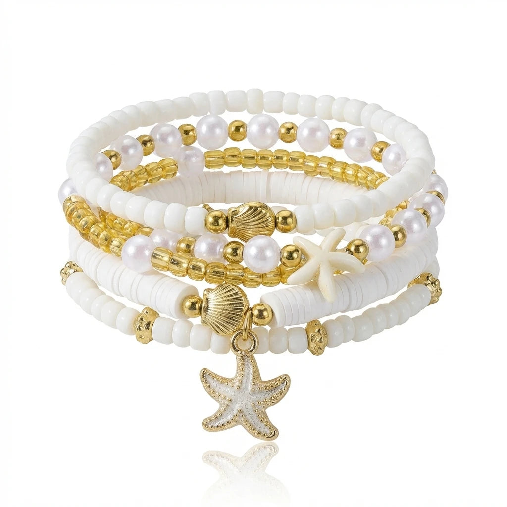 5Pcs/Set Boho Starfish Shell Elastic Bracelet for Women Stackable Imitation Pearl Heishi Beads Bracelet Beach Jewelry Gift