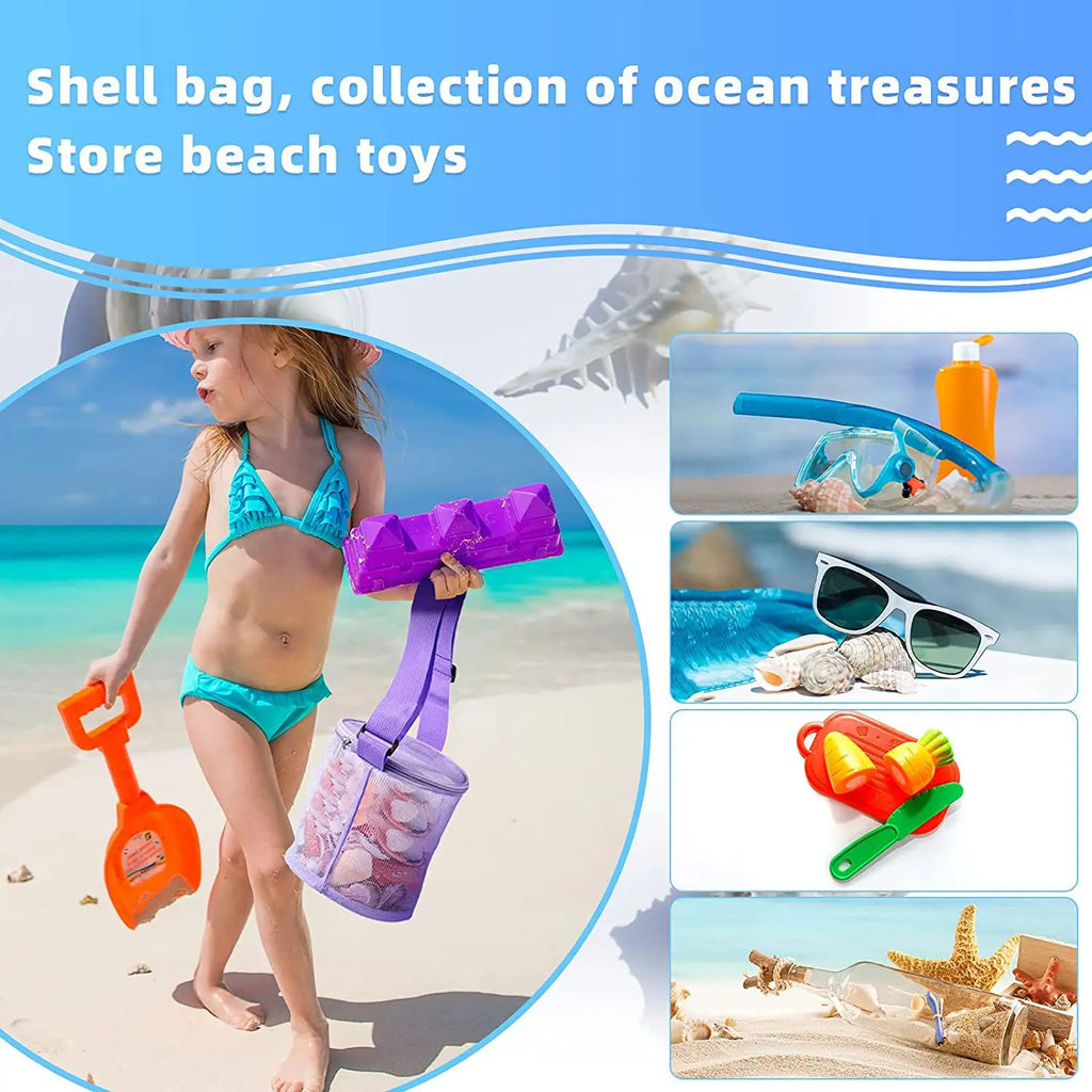 Colorful Beach Toys Mesh Beach Bag with Zipper Sand Toy Seashell Bag Pool Bag Swimming Accessories for Teens Boys Girls