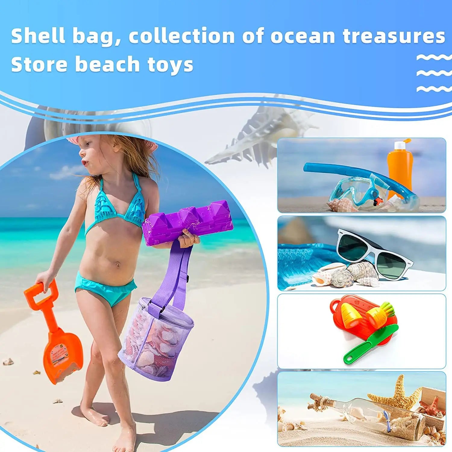 Colorful Beach Toys Mesh Beach Bag with Zipper Sand Toy Seashell Bag Pool Bag Swimming Accessories for Teens Boys Girls