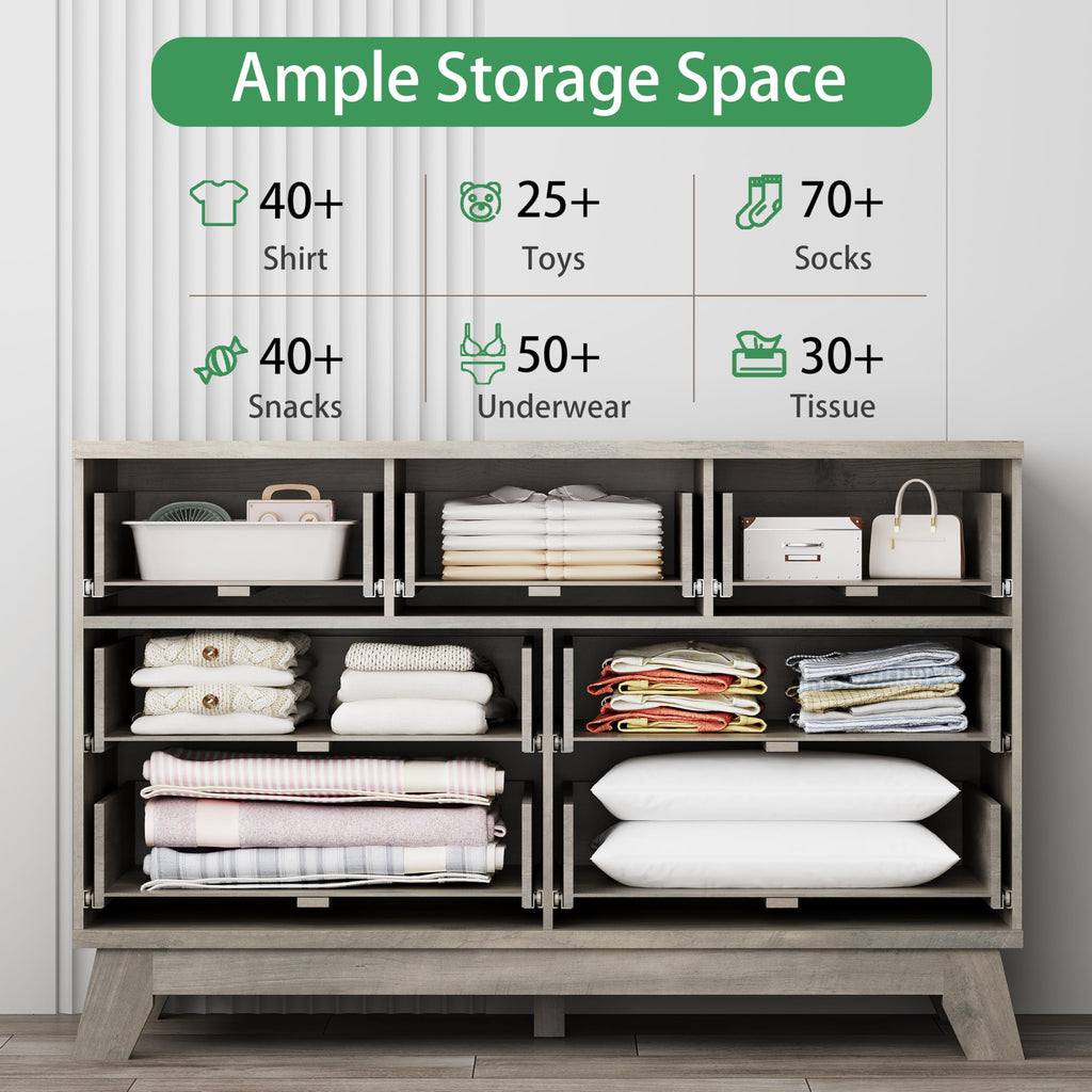 Fluted Dresser for Bedroom with 9 Drawers, 57" Wide Modern Chest of Drawers with Metal Handle, Wooden Dresser TV Stand, Wood Closet Clothes Storage Organizer for Living Room, Hallway, Natural Oak