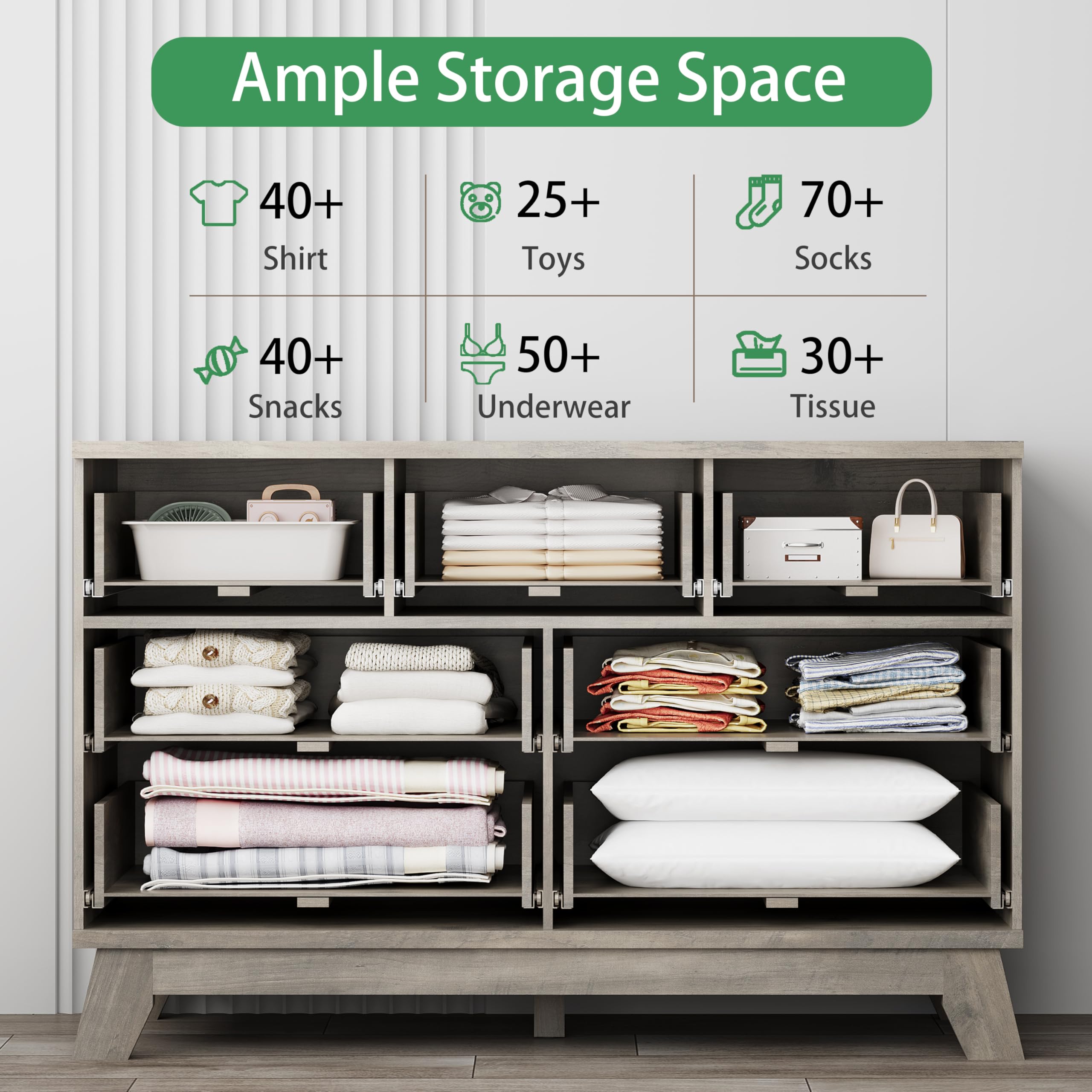 Fluted Dresser for Bedroom with 9 Drawers, 57" Wide Modern Chest of Drawers with Metal Handle, Wooden Dresser TV Stand, Wood Closet Clothes Storage Organizer for Living Room, Hallway, Natural Oak