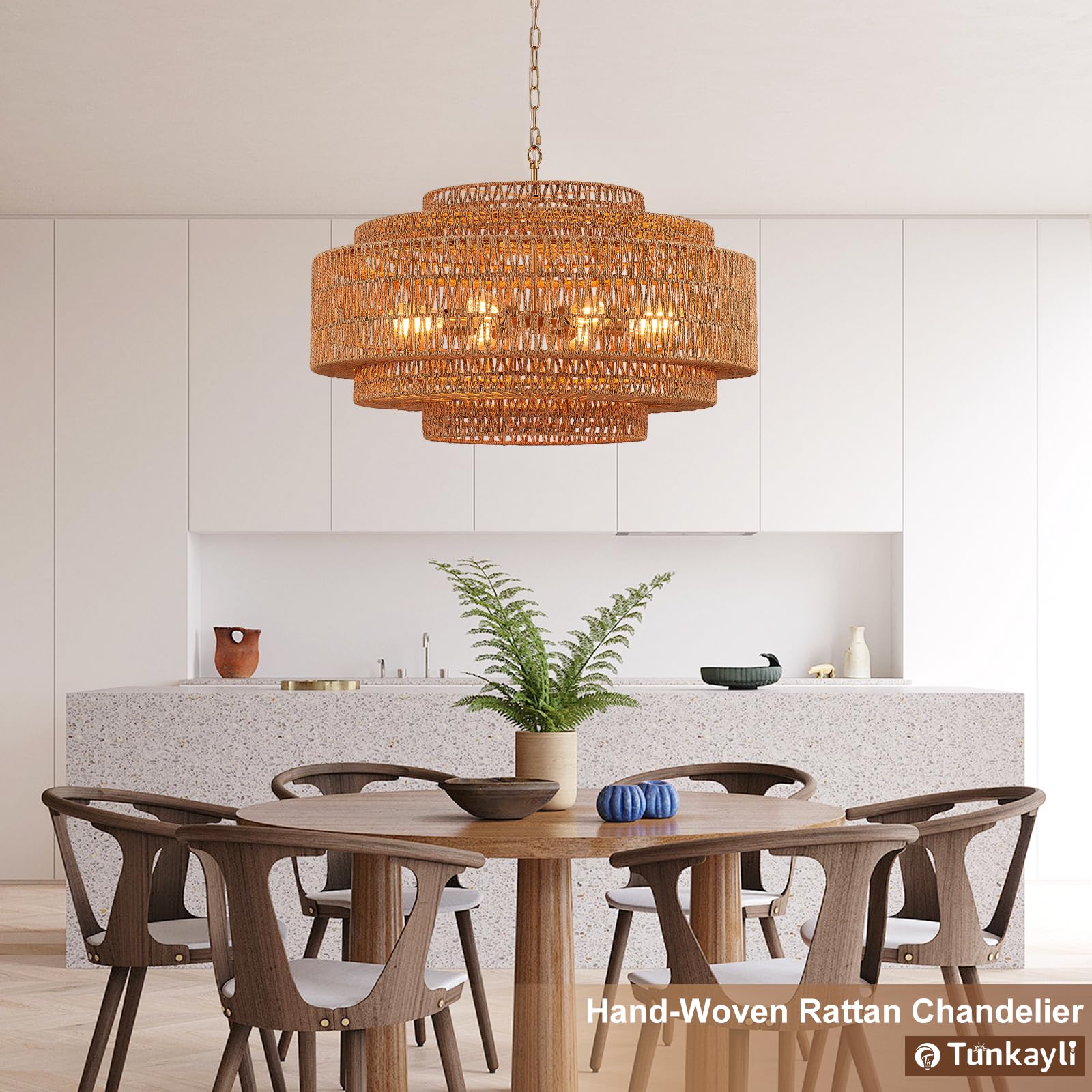 Hand-Woven Rattan Chandelier Large Boho Chandelier Living Room 25.6in Coastal 6-Light Farmhouse Vintage Wicker Bamboo Chandeliers for Bedroom Dining Room Stairway